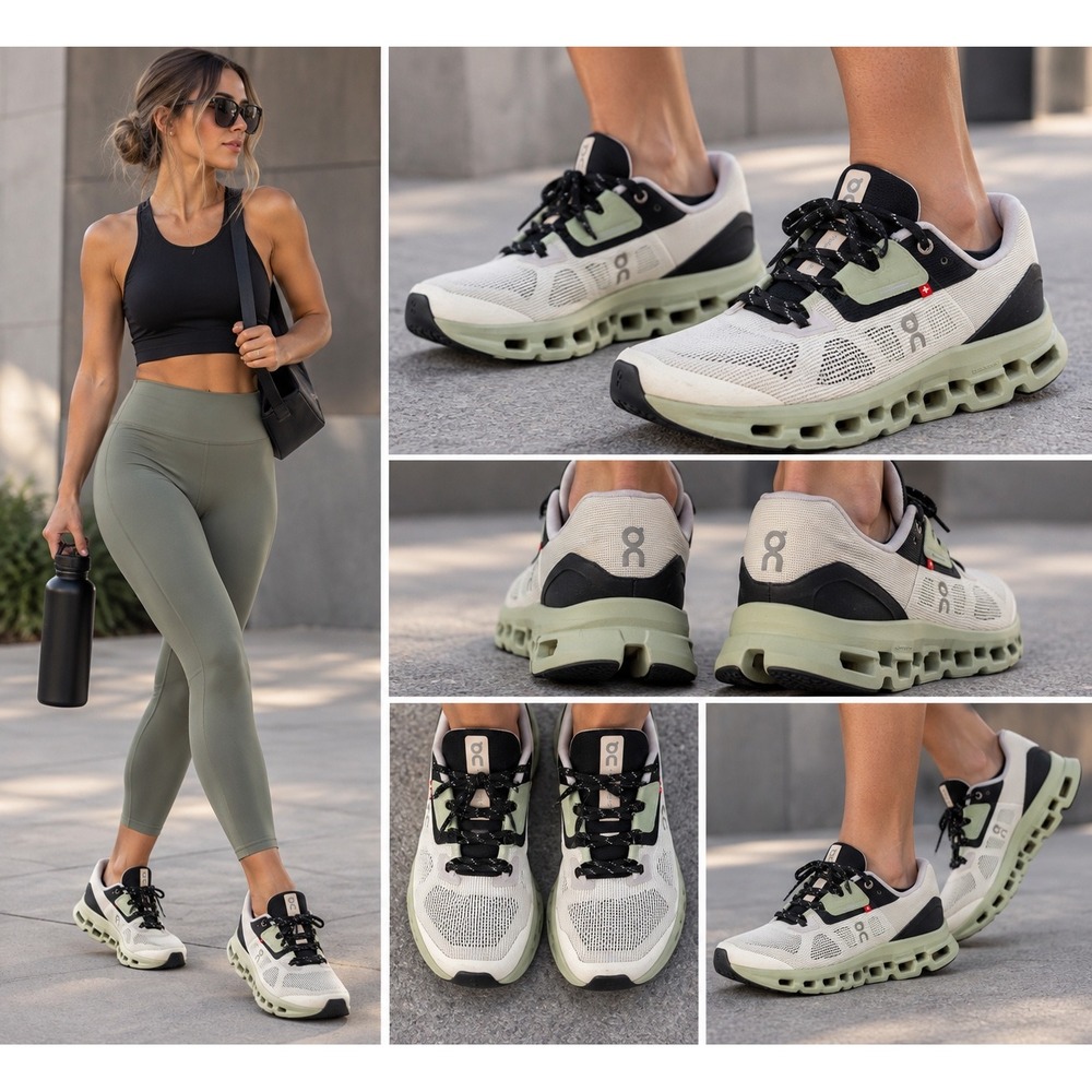 On Cloudstratus White Black Sage Green Running Shoes Womens Size 8